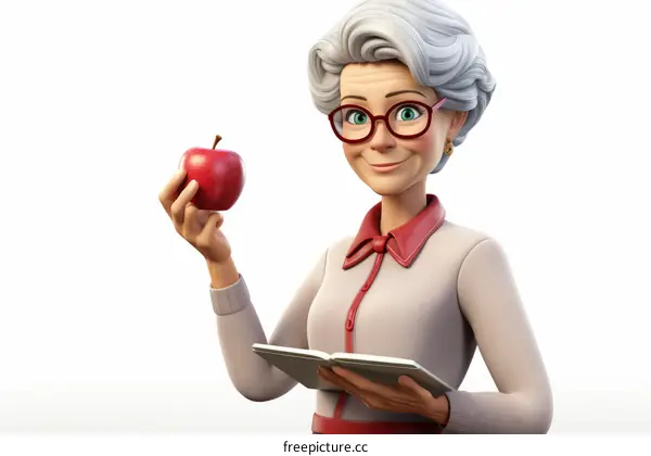 A grandmotherly woman holding a book and an apple