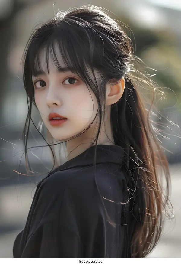 Portrait of Young Asian Woman with Long Black Hair