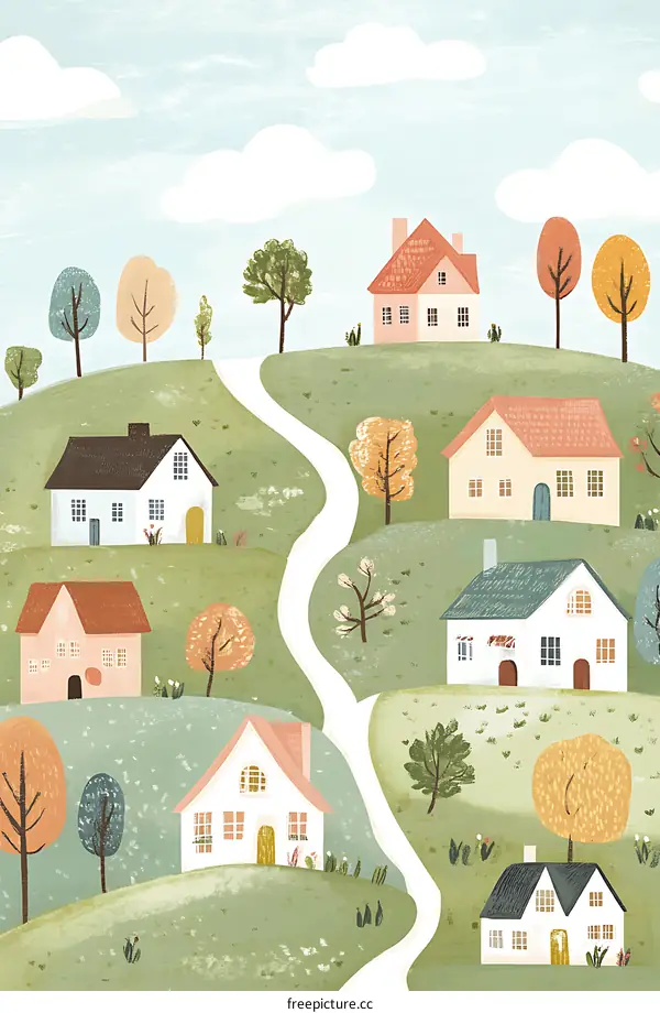 Cartoon Illustration of a Village on a Hill with Houses and Trees