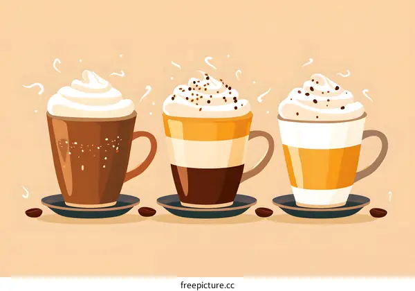 Three Cups of Coffee With Whipped Cream and Sprinkles