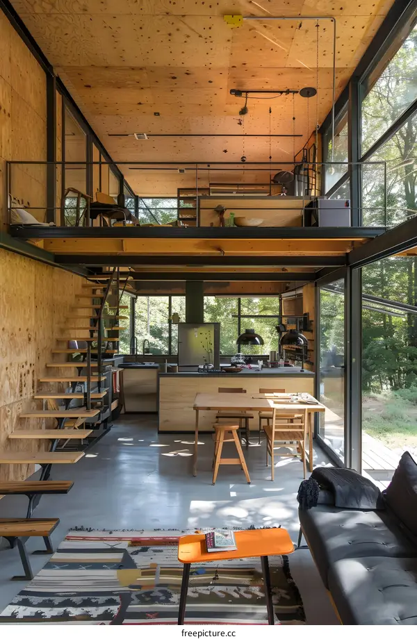 Modern Minimalist Cabin Interior Design with Wooden Floors and Large Windows