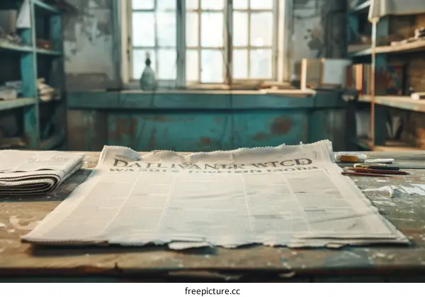 Vintage newspaper on wooden table in abandoned room