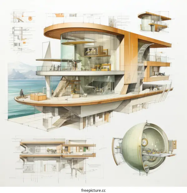 futuristic house design with large glass windows and a curved roof