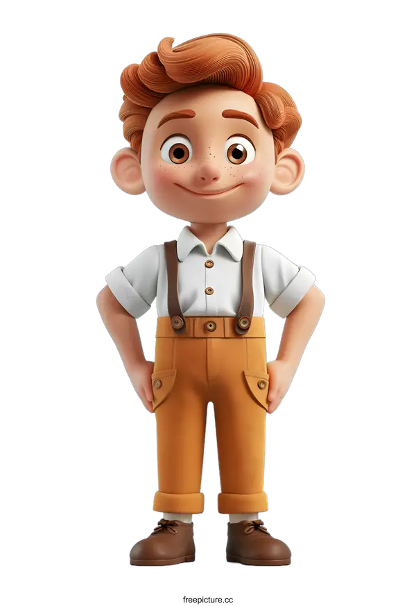 [Transparent Background PNG]Smiling Cartoon Boy with Brown Hair Wearing White Shirt and Brown Pants