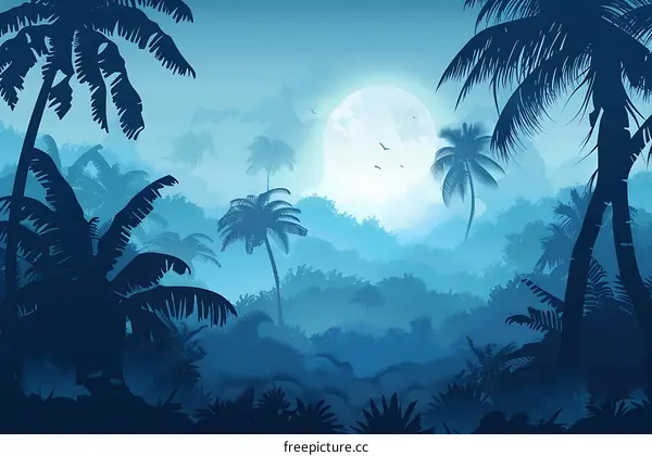 Tropical Rainforest Landscape With Palm Trees And Full Moon