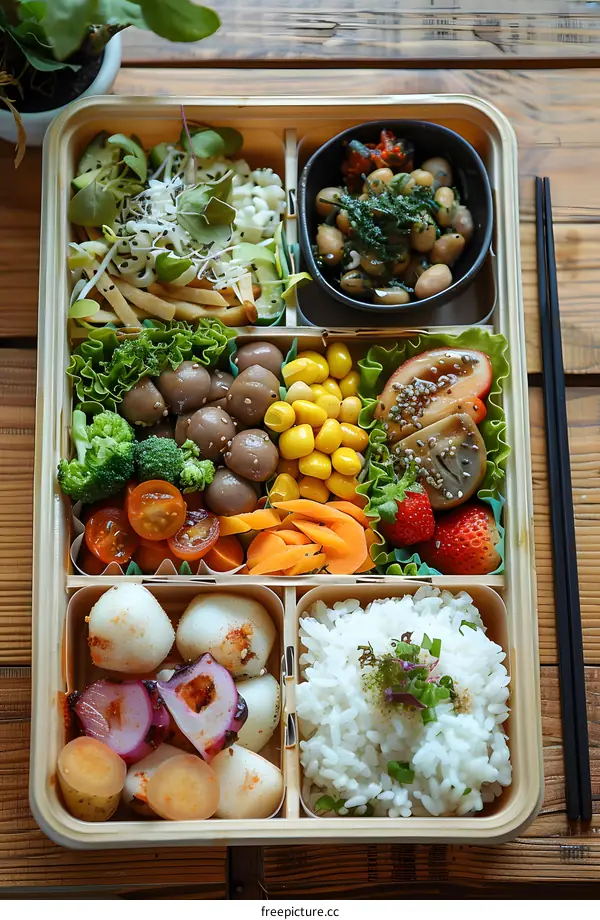 A delicious and healthy bento box with a variety of vegetables, grains, and protein