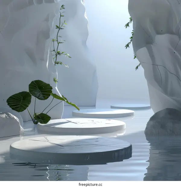 White Podiums with Plants in a Surreal Water Scene