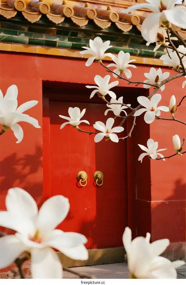 Magnolia flowers blooming in front of traditional red door with golden knobs