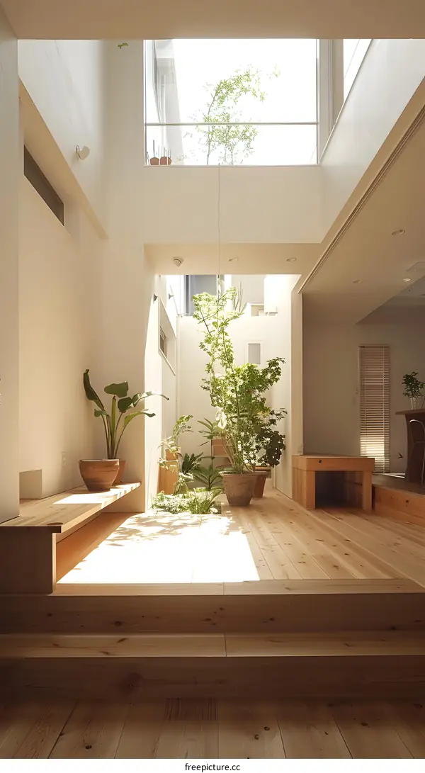 Modern Japanese Home Design With Skylight and Interior Garden