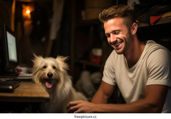 Blond man with a beard smiling next to a small white dog