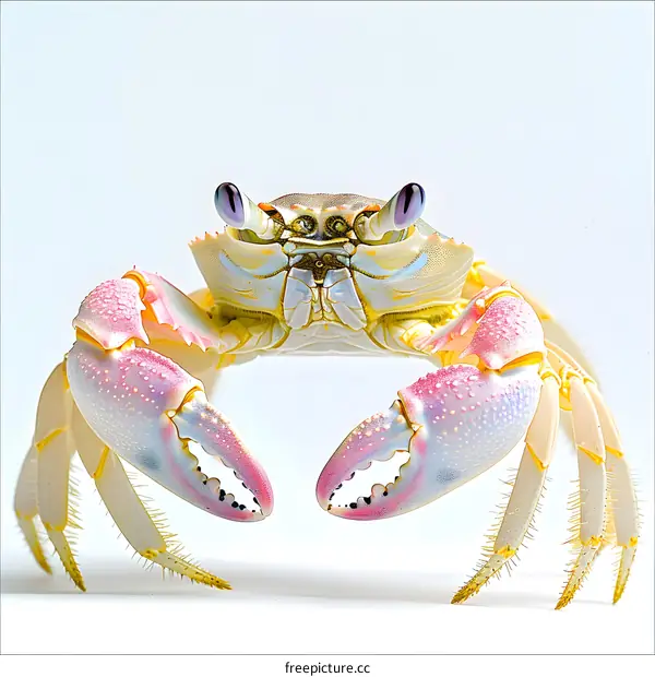 A colorful crab with its claws raised in a defensive position