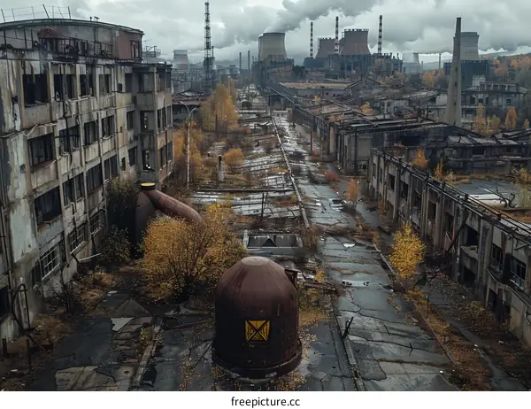 An aerial view of an abandoned industrial complex with overgrown vegetation.