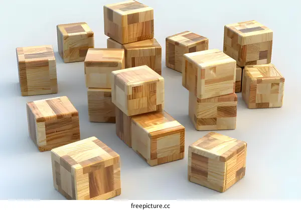 Wooden Blocks Scattered on a White Background