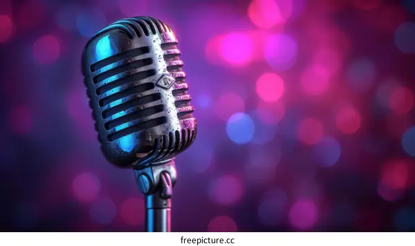 Retro silver microphone on stage with pink and purple bokeh background