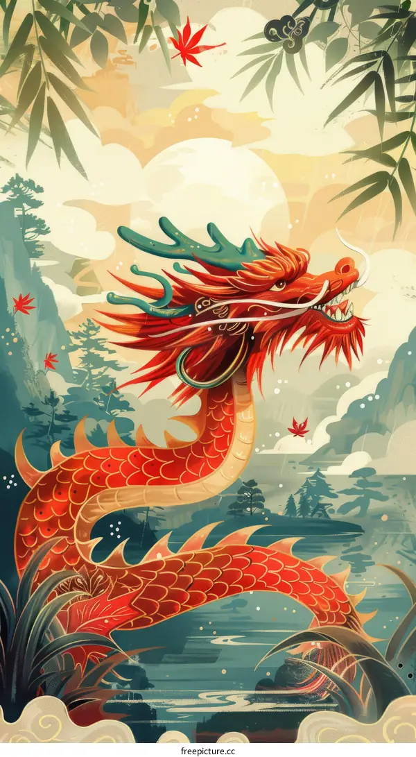 Red Dragon Soaring Above a Blue Lake and Mountains