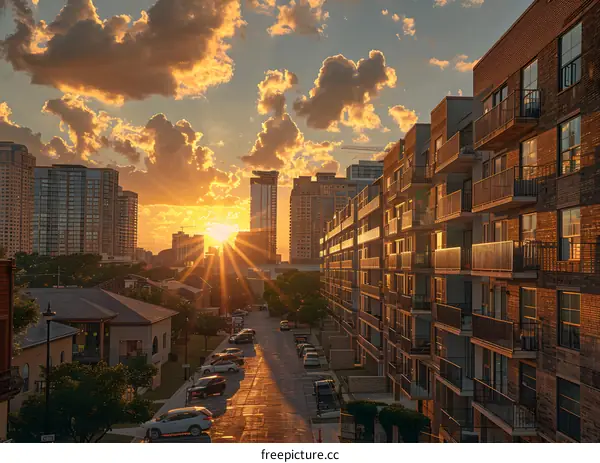 Sunset Over Cityscape With Apartment Buildings