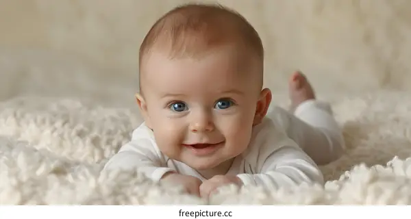 Adorable Baby Boy with Big Blue Eyes Smiling on White Blanket