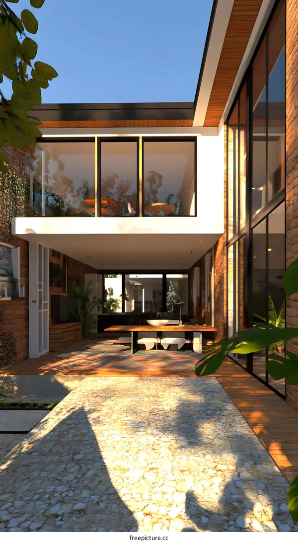 Modern House Design with Patio and Brick Wall