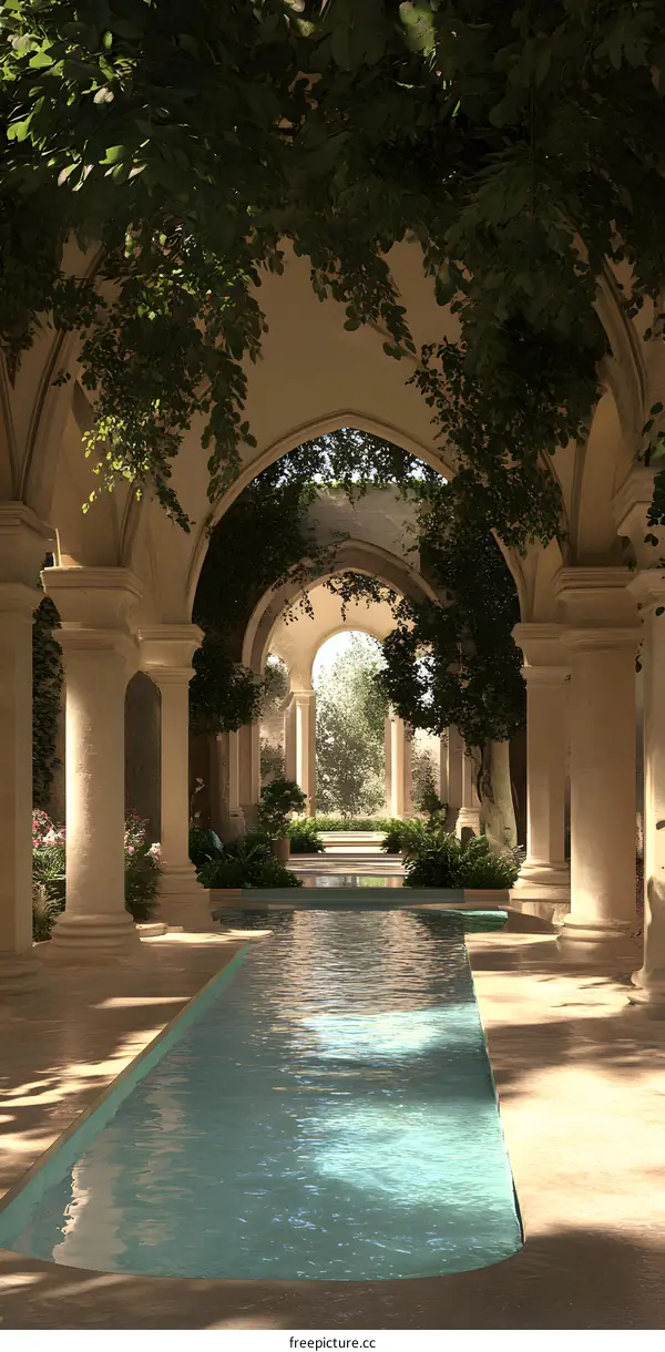 Arched Pathway and Pool in an Ancient Garden