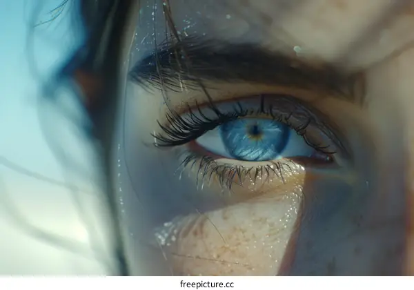 Close-up of a woman's blue eye with long eyelashes