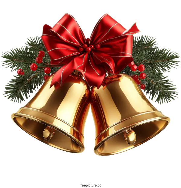 [Transparent Background PNG]Christmas Gold Bells with Red Ribbon