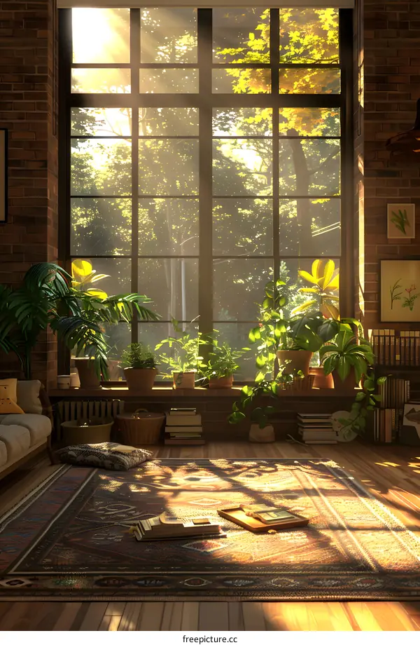 The sunlight shines through the window