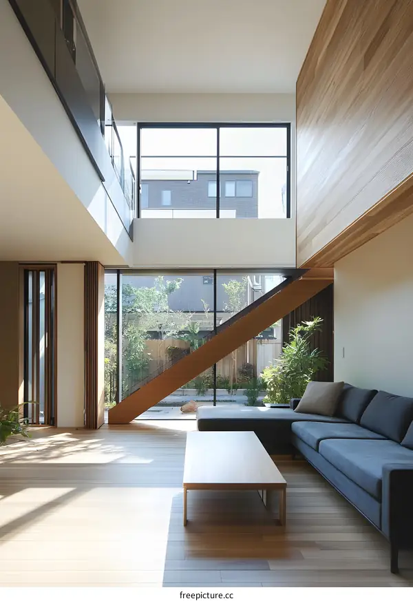 Modern Minimalist Interior Design with Wooden Flooring and Large Windows