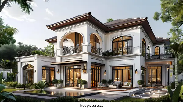 A luxurious modern villa with a swimming pool and a garden