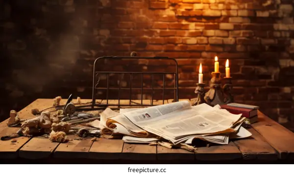 Vintage desk with old books and candles