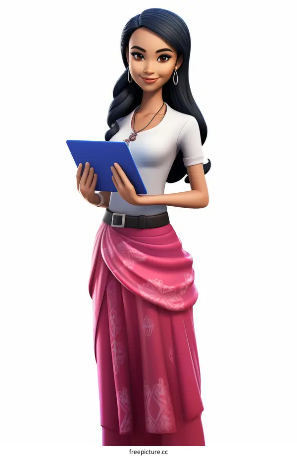 An illustration of a young woman holding a tablet