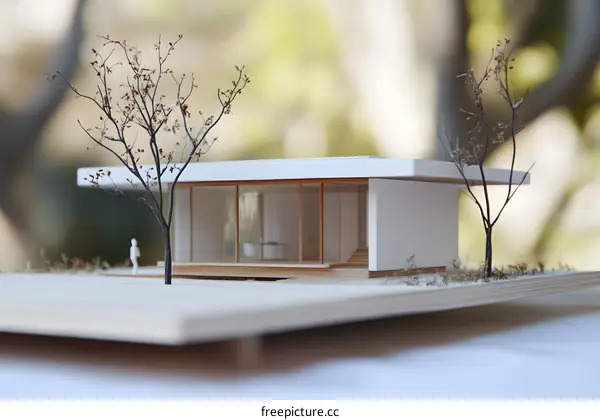 Modern Architecture Scale Model with Trees and Person