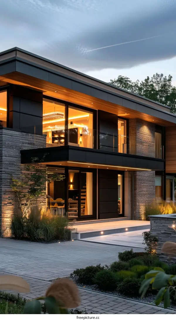 Black and wooden modern house exterior with beautiful lighting