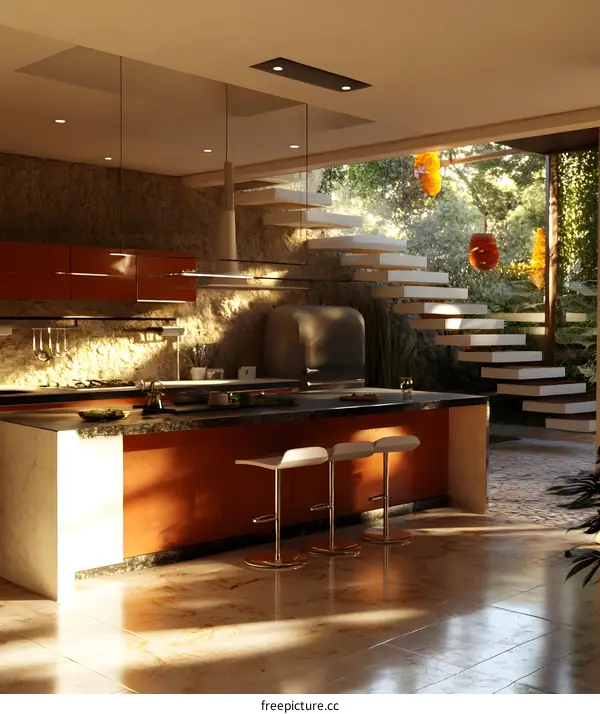 Modern Kitchen with Floating Stairs and Outdoor Garden