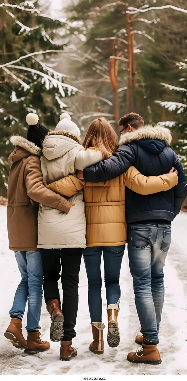 Four Friends Walking in Snowy Forest