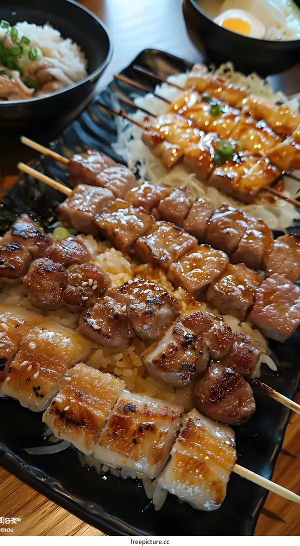 Various kinds of meat skewers served with rice and other side dishes