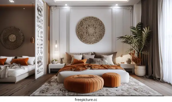 A bedroom with a large round wooden wall decoration