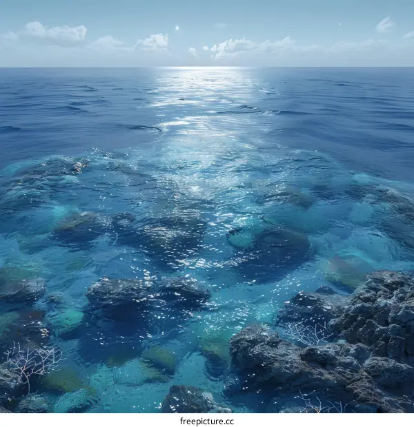 Illuminated ocean floor with bright sunlight shining through water surface