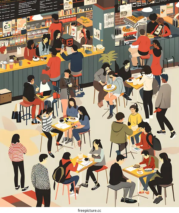 Coffee Shop Illustration with Diverse Crowd