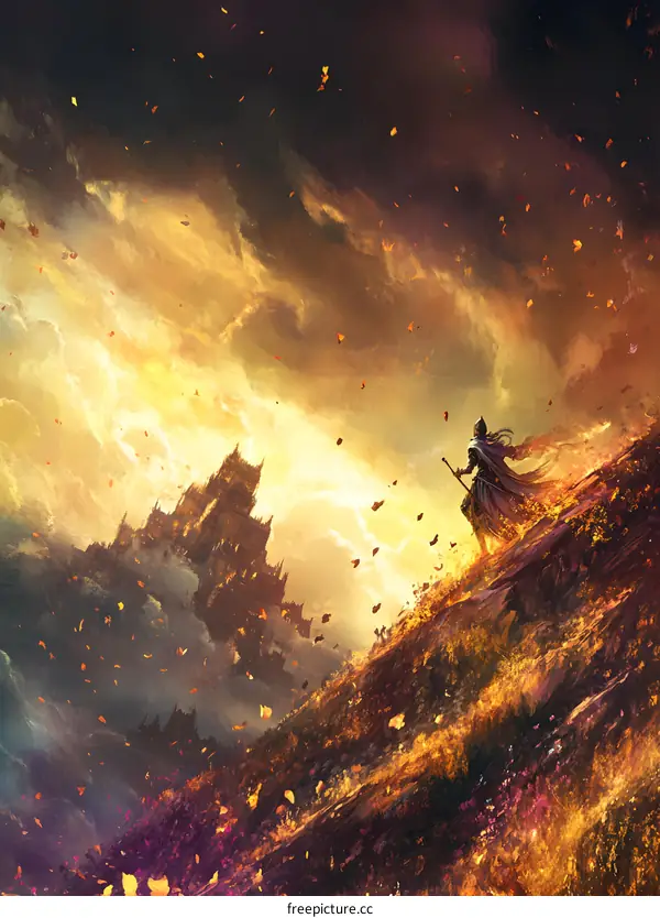 Fantasy Art of a Knight Walking Towards a Castle in the Sky