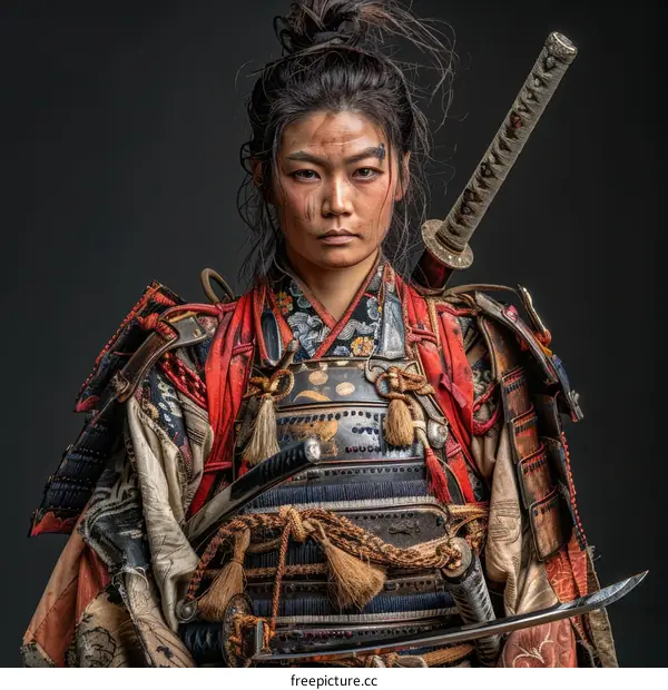 Portrait of a determined samurai woman with a sword