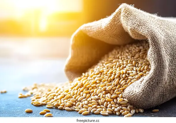 Close Up of Wheat Grains Pouring From a Burlap Sack