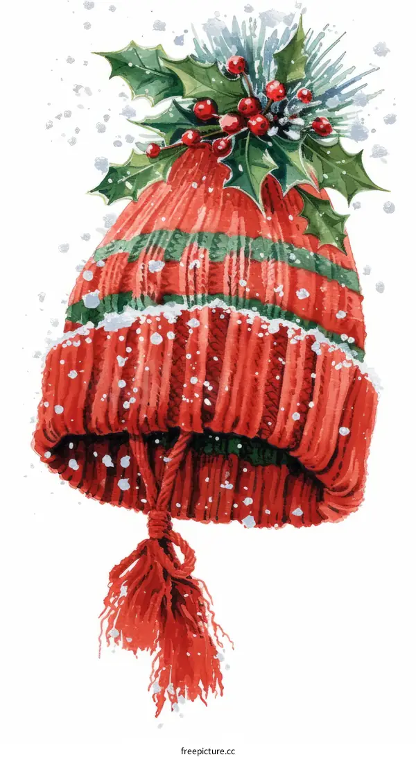 Red and green striped Santa hat with holly