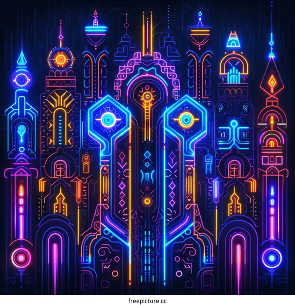 A digital artwork of a neon city with glowing patterns and intricate details