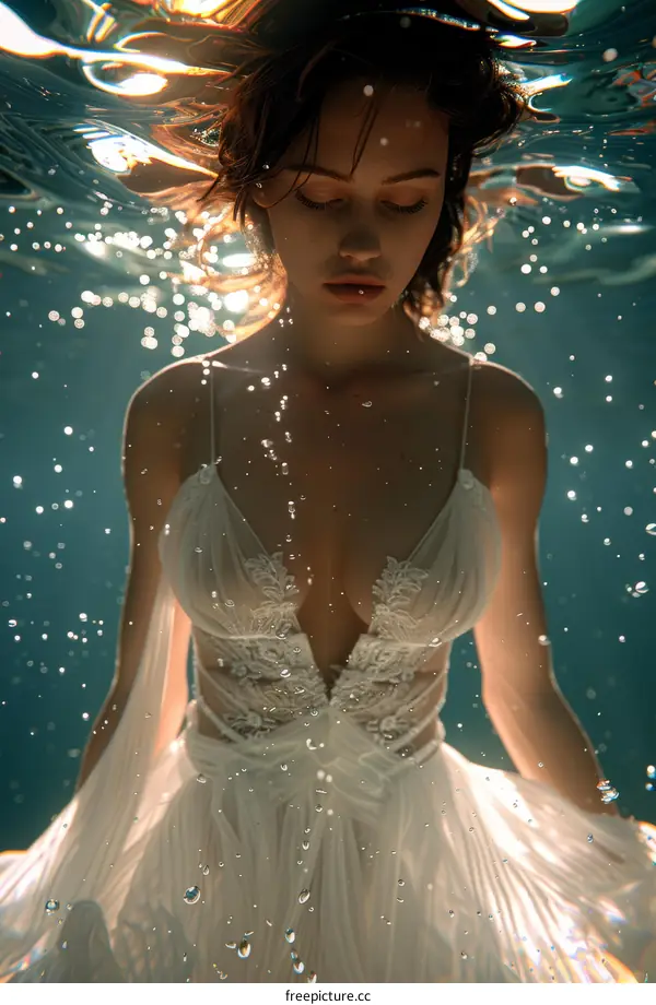 A graceful woman in a white dress floats underwater with her eyes peacefully closed