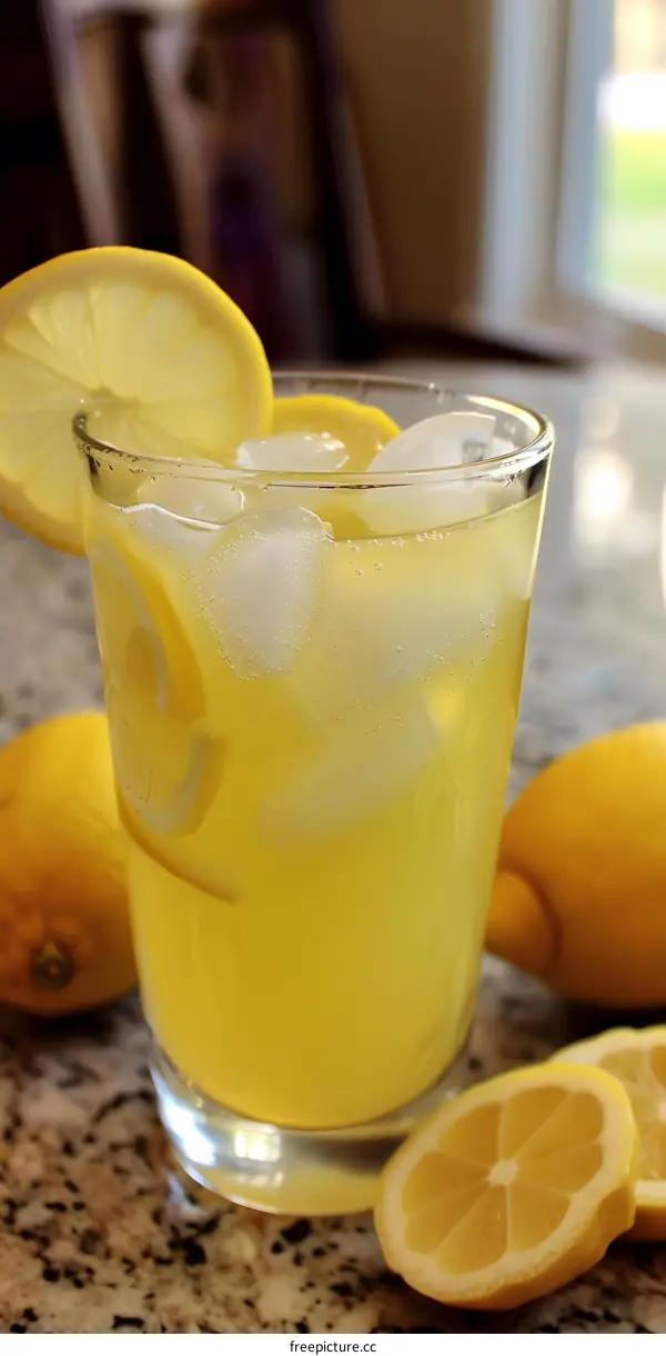 Refreshing Lemon Drink with Ice and Lemon Slices