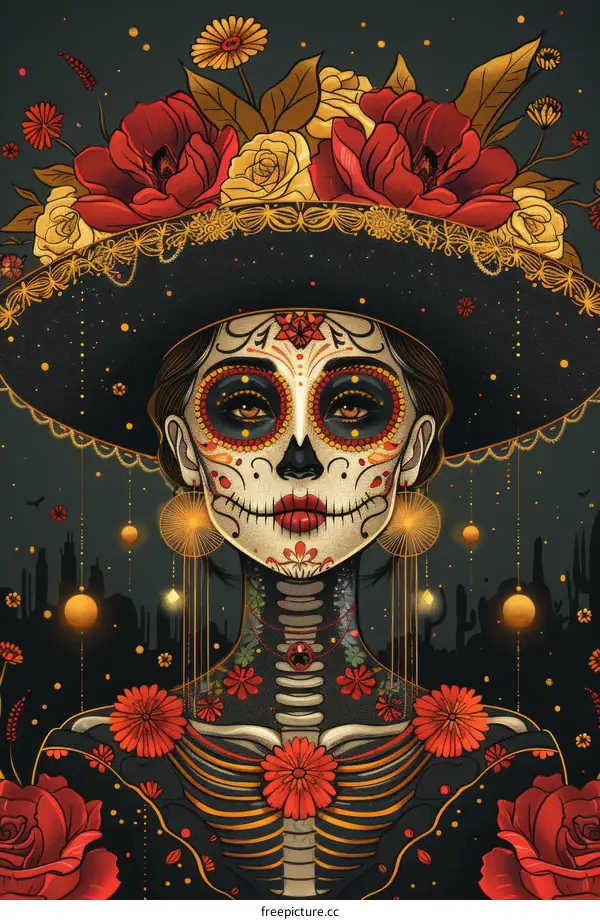 Traditional Mexican Skull Face Paint with Flowers