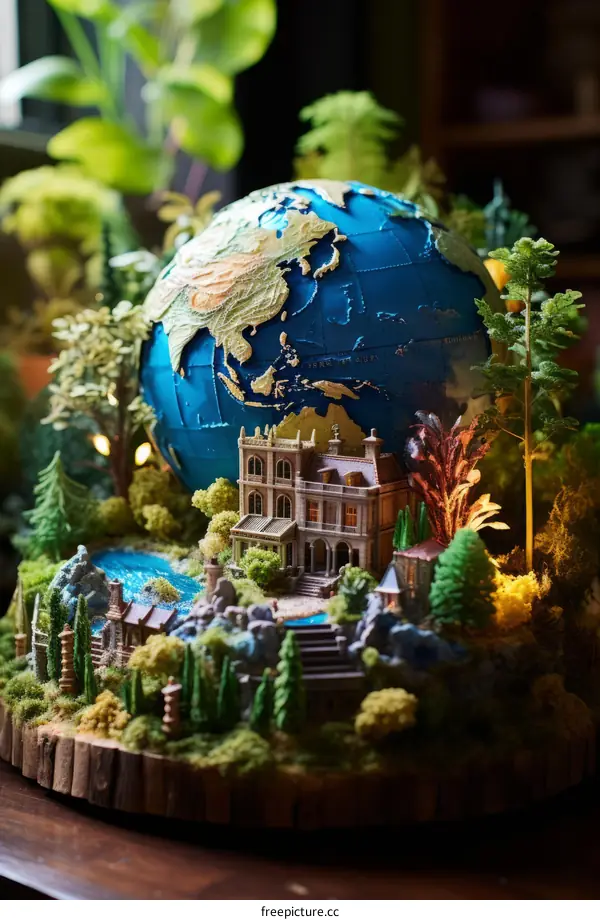 A miniature model of a mansion sits on a table with a small forest of trees and a globe of the Earth in the background