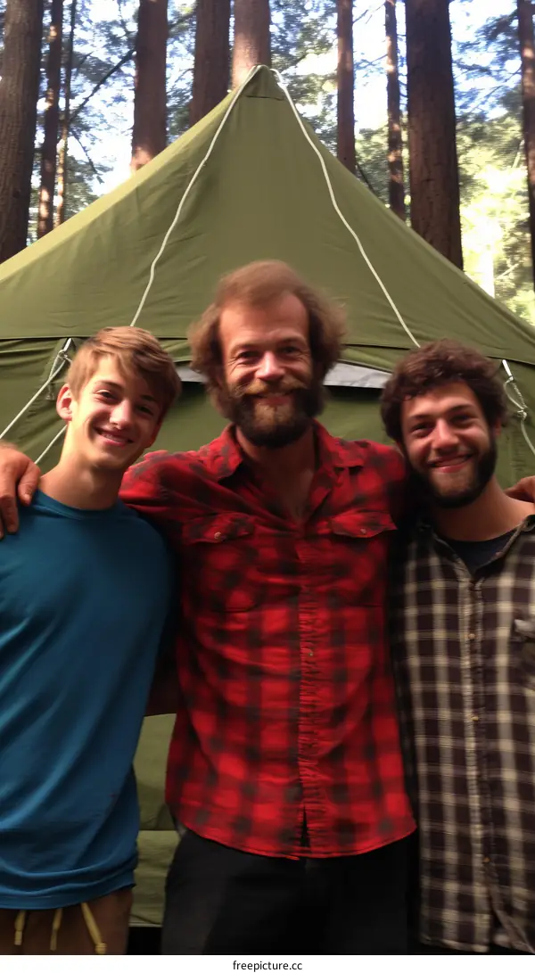 Three men standing in front of a tent in the woods