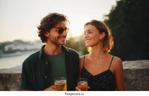 Couple Enjoying Drinks on a Bridge at Sunset