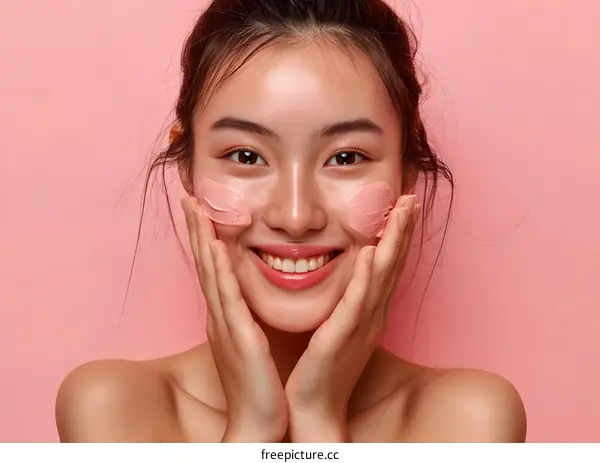 Smiling Woman with Pink Face Mask on Pink Background